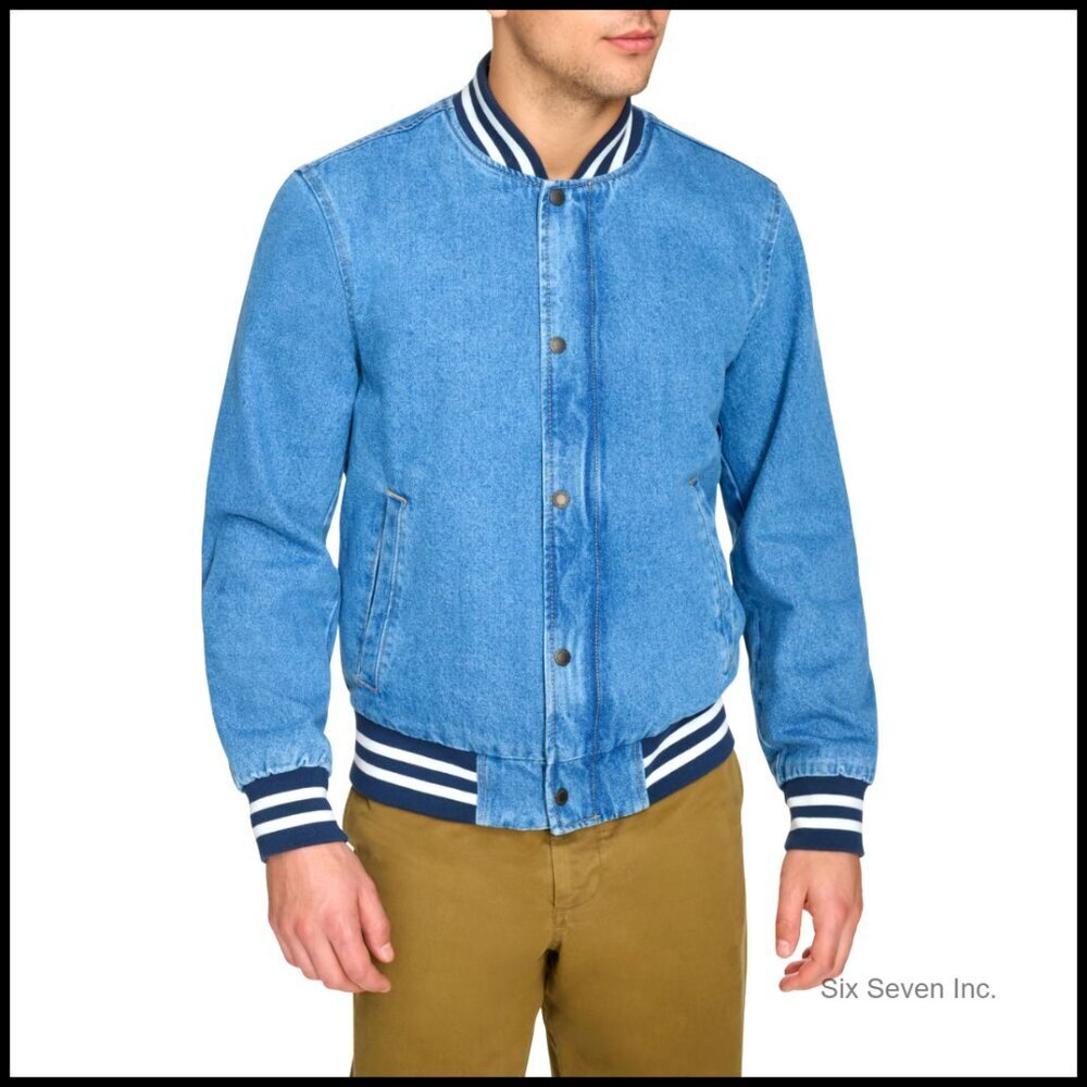 Denim Bomber Jacket Varsity Style Retro Lightweight Casual Menswear